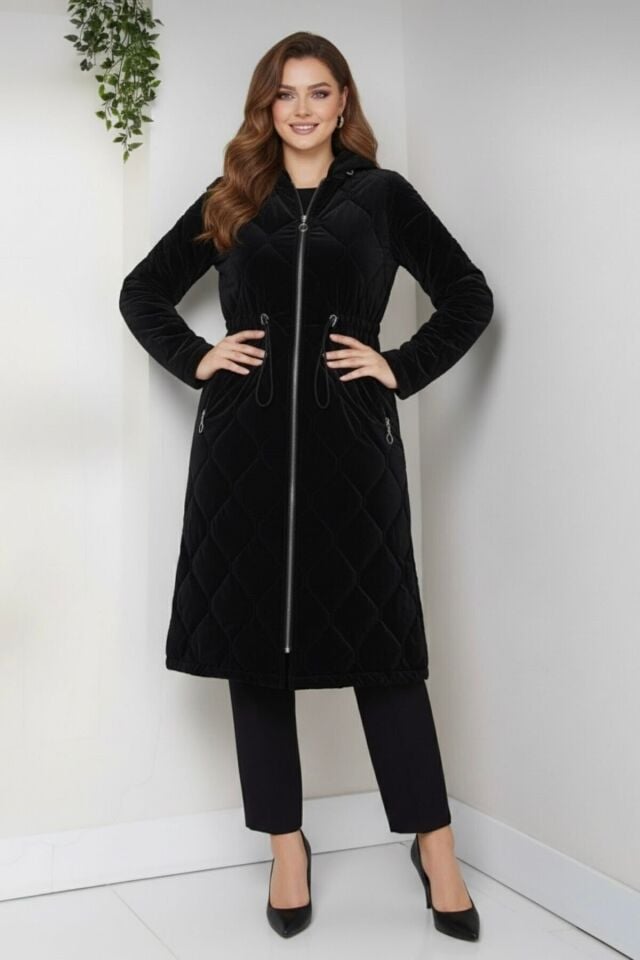 Kadın Yeni Sezon Fermuarlı Belden Bağcıklı Novam Kumaş Kaban Taş KS2551 46 - siyah