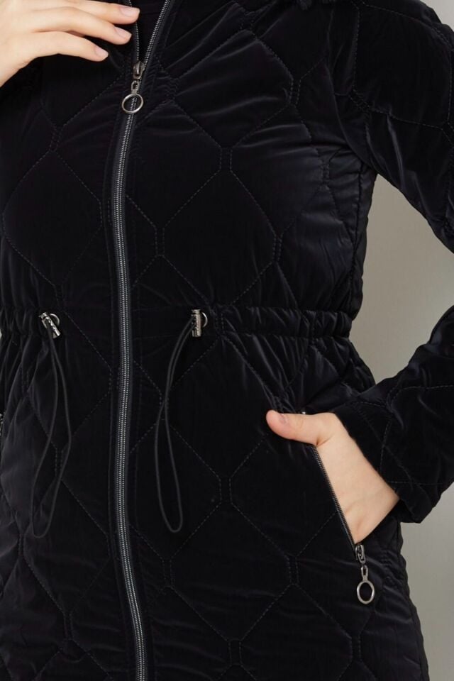 Kadın Yeni Sezon Fermuarlı Belden Bağcıklı Novam Kumaş Kaban Taş KS2551 46 - siyah