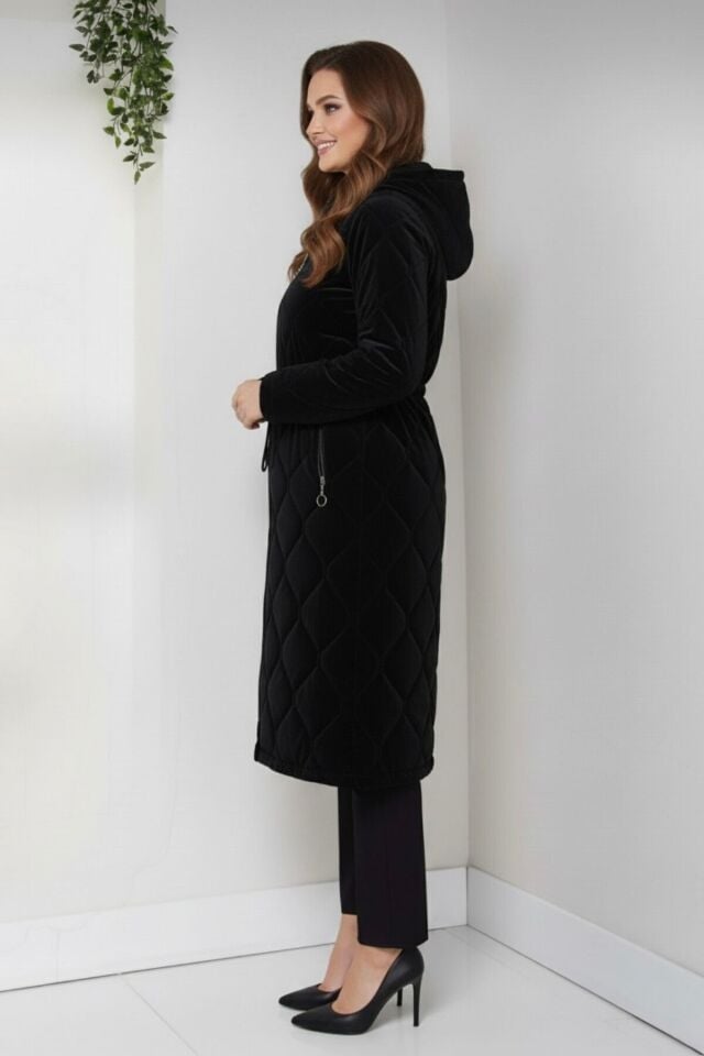 Kadın Yeni Sezon Fermuarlı Belden Bağcıklı Novam Kumaş Kaban Taş KS2551 46 - siyah