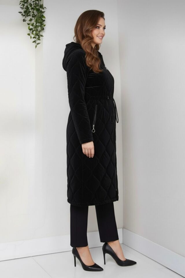 Kadın Yeni Sezon Fermuarlı Belden Bağcıklı Novam Kumaş Kaban Taş KS2551 46 - siyah