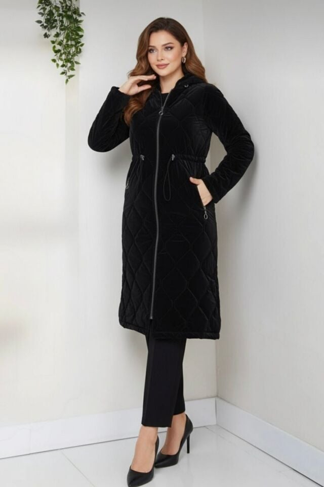 Kadın Yeni Sezon Fermuarlı Belden Bağcıklı Novam Kumaş Kaban Taş KS2551 46 - siyah