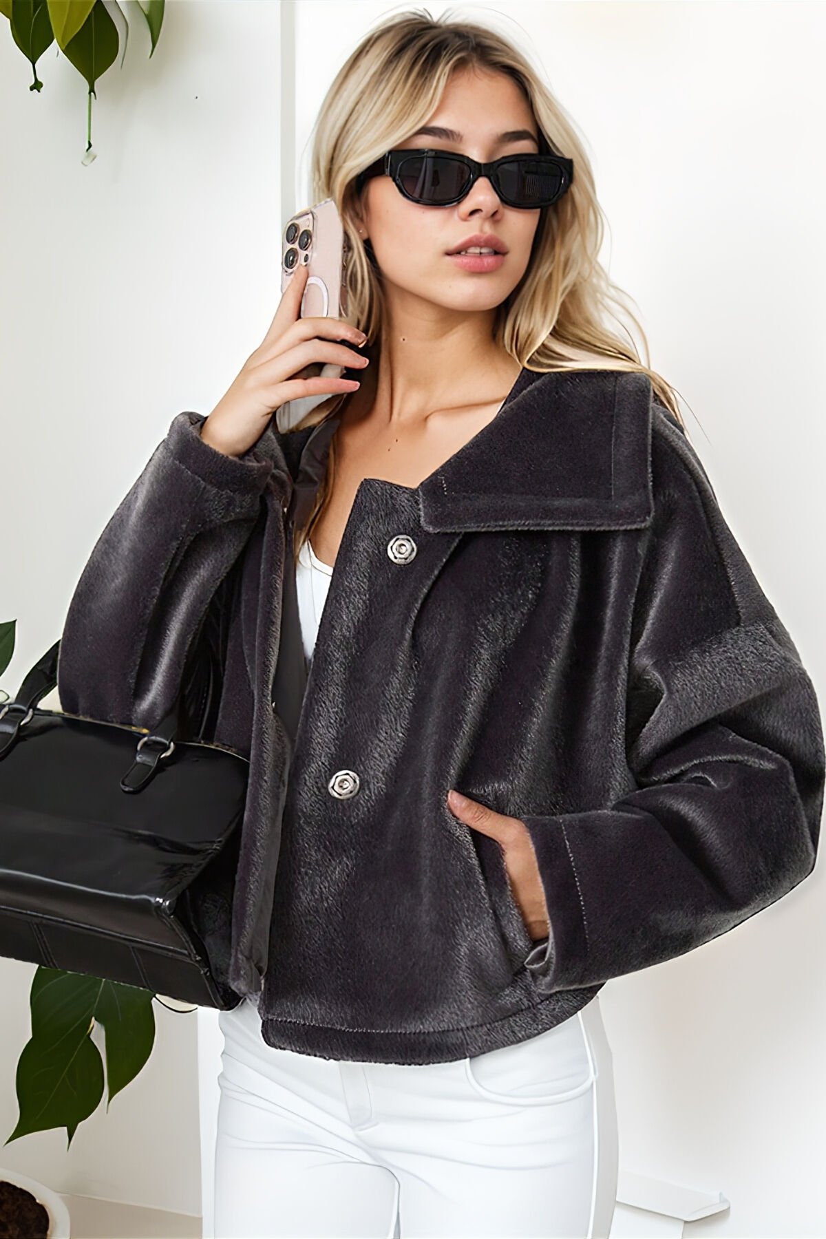Kadın Oversize Yarasa Kol Kısa Mont Füme KS2534