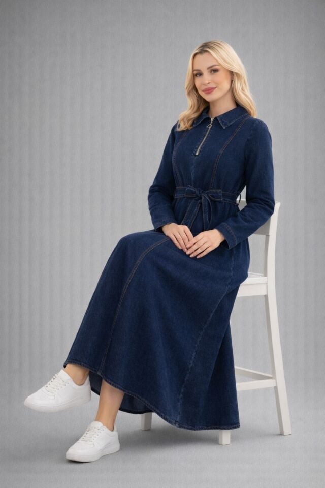 Kadın Yarım Fermuarlı Denim Kot  Elbise YZ2615 xxsiyah - 48