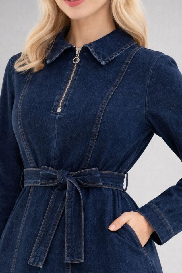 Kadın Yarım Fermuarlı Denim Kot  Elbise YZ2615 xxsiyah - 48