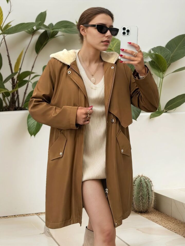 Kürk Astarlı Kapüşonlu Bel Büzgülü Mont Taba - 42