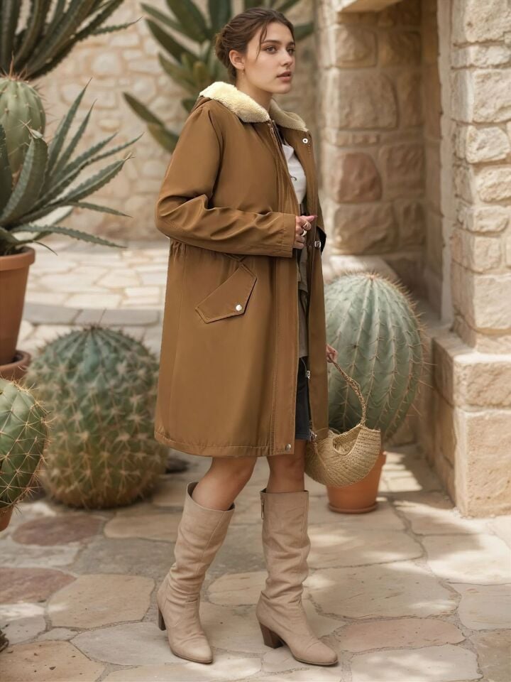 Kürk Astarlı Kapüşonlu Bel Büzgülü Mont Taba - 42