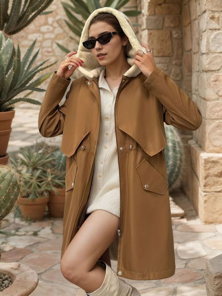 Kürk Astarlı Kapüşonlu Bel Büzgülü Mont Taba - 42