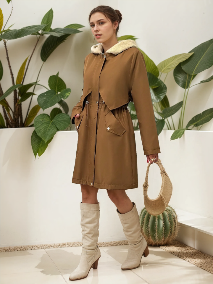 Kürk Astarlı Kapüşonlu Bel Büzgülü Mont