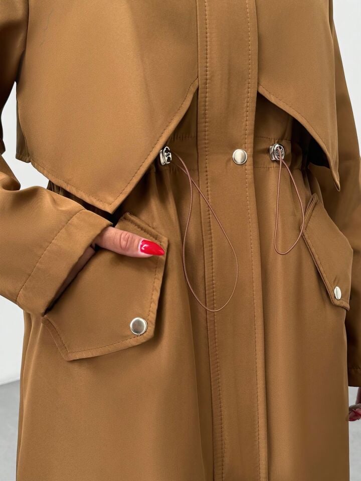 Kürk Astarlı Kapüşonlu Bel Büzgülü Mont Taba - 42