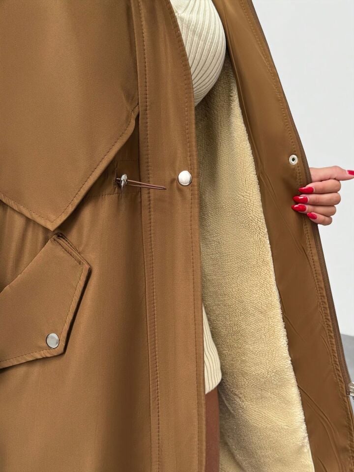 Kürk Astarlı Kapüşonlu Bel Büzgülü Mont Taba - XL