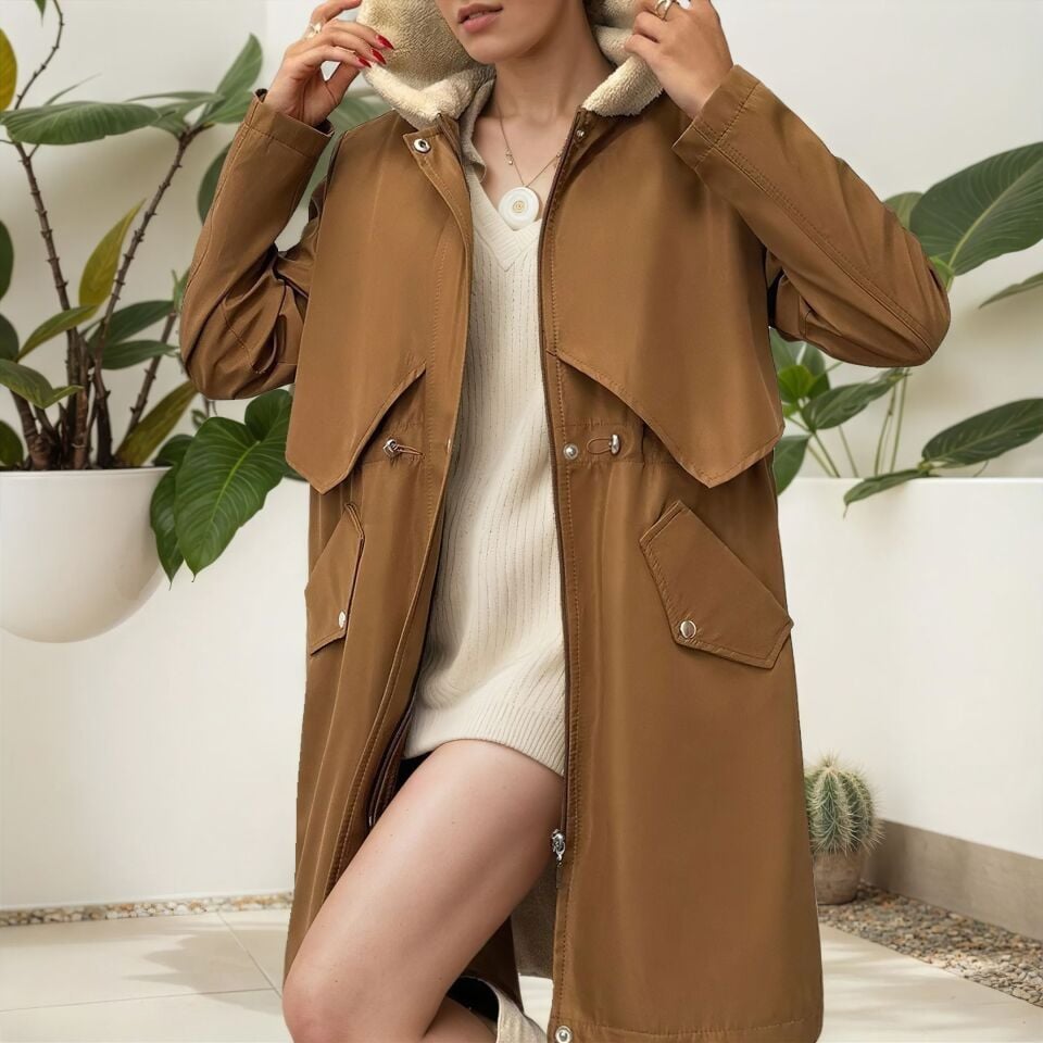 Kürk Astarlı Kapüşonlu Bel Büzgülü Mont