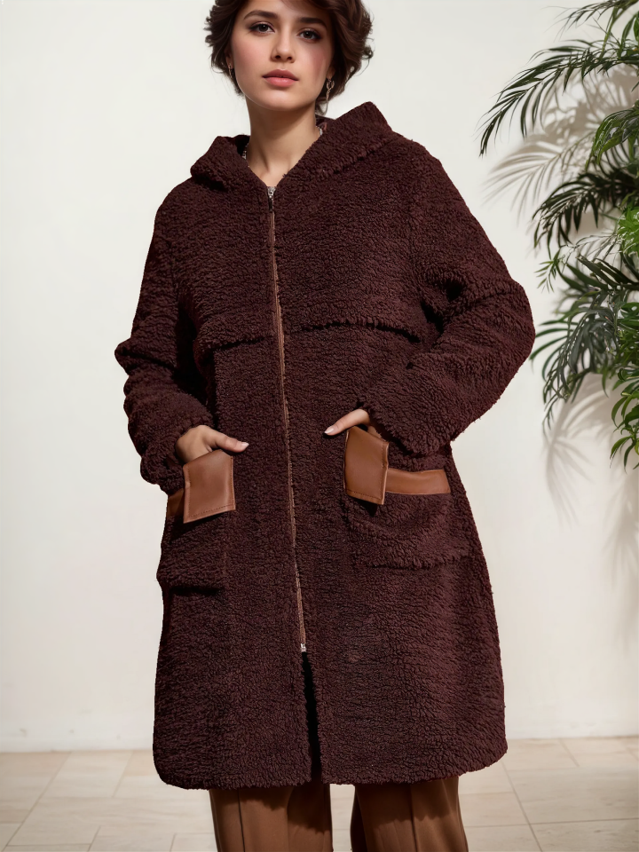 Kuzu Kıvırcık Cep Kısmı Suni Deri Peluş Mont Kahverengi - XL