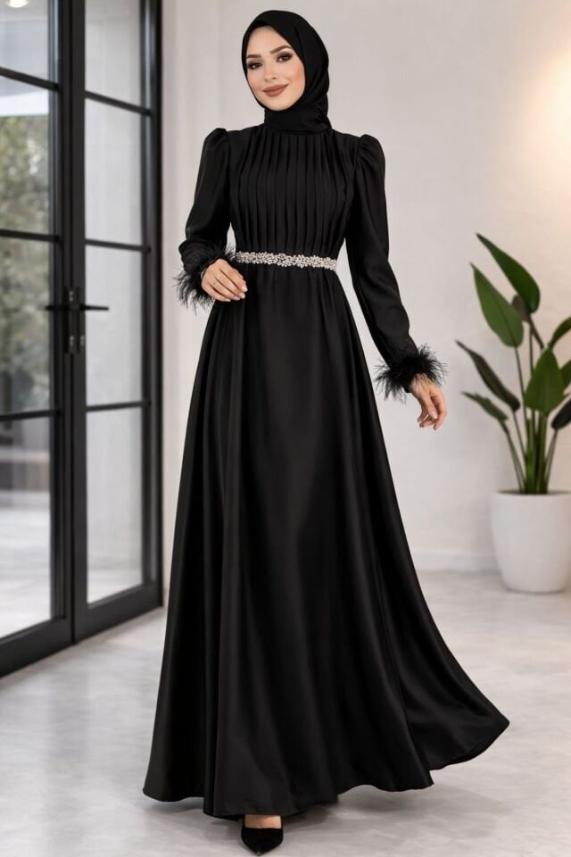 Saten Elbise Zarif Piliseli Taş Kemerli Abiye elbise YZ2616 siyah - 42