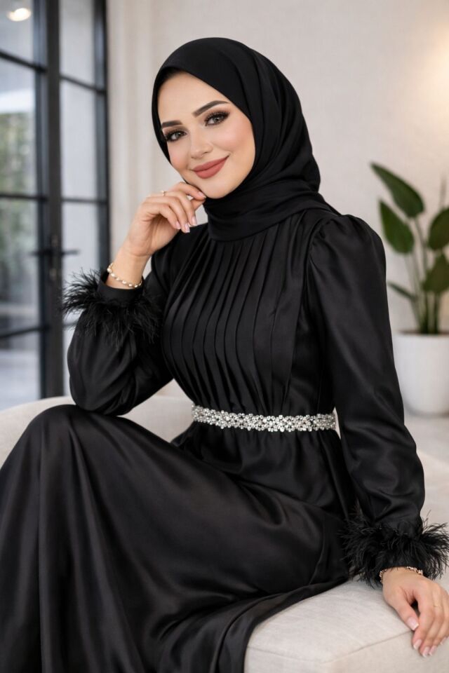 Saten Elbise Zarif Piliseli Taş Kemerli Abiye elbise YZ2616 siyah - 42