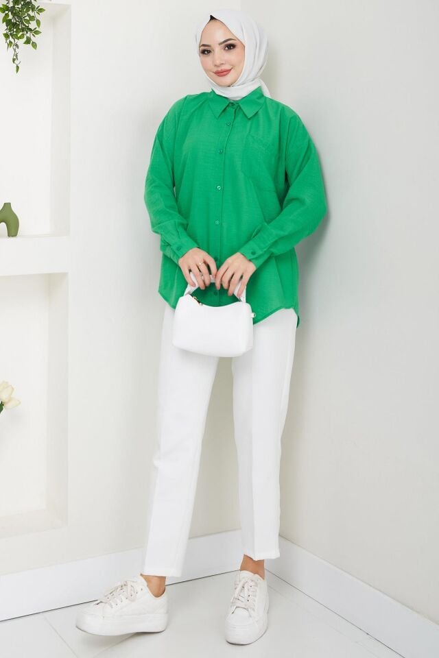 Oversize Tek Cepli Uzun Kol Keten Gömlek Yeşil - 44