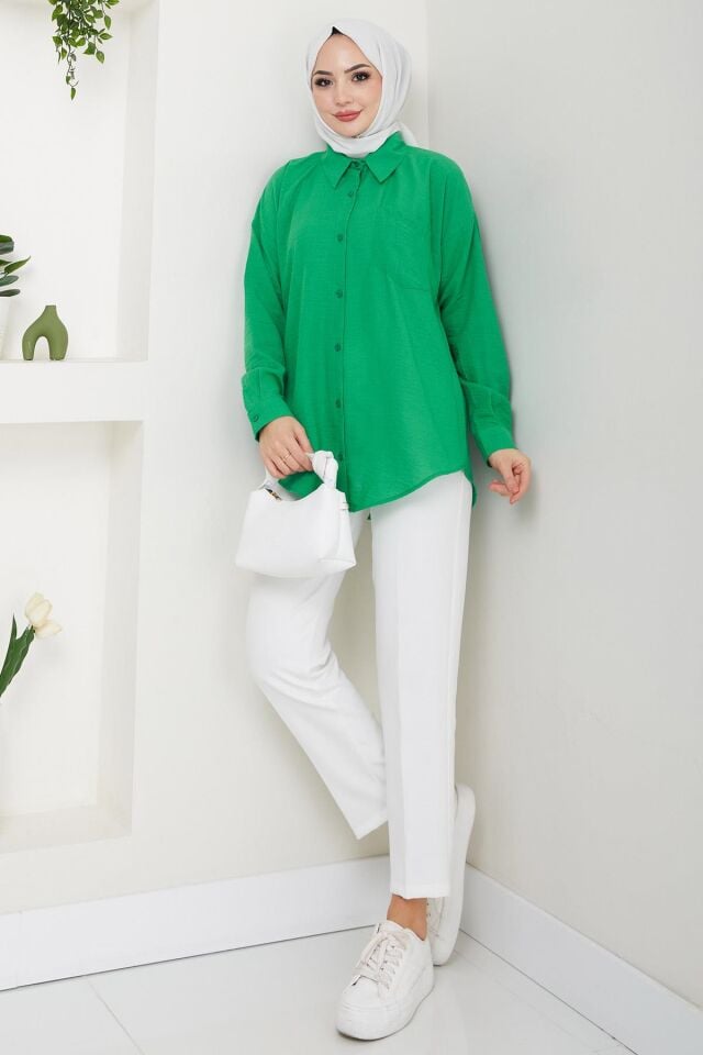 Oversize Tek Cepli Uzun Kol Keten Gömlek Yeşil - 44