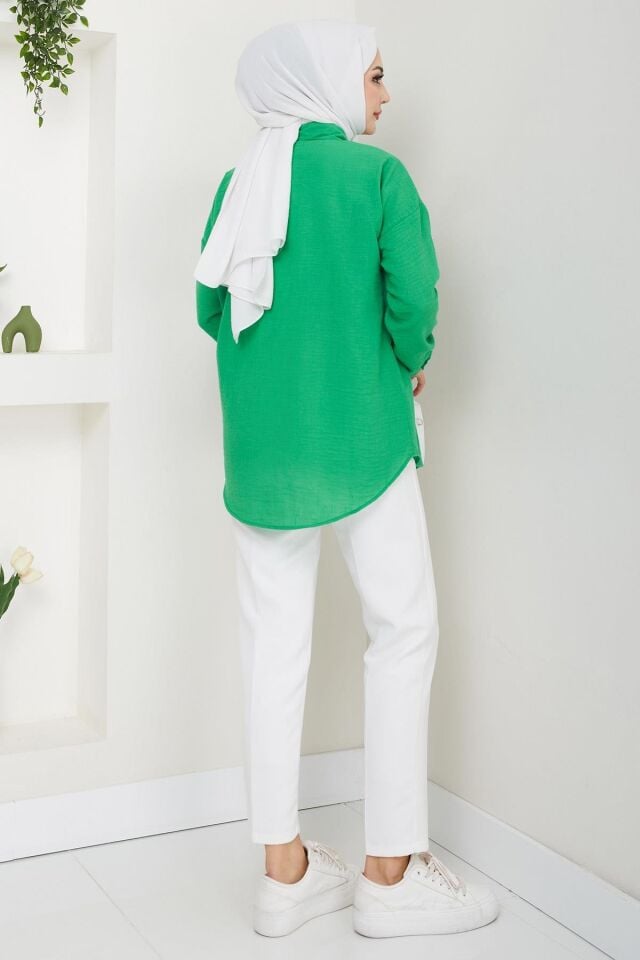 Oversize Tek Cepli Uzun Kol Keten Gömlek Yeşil - 44