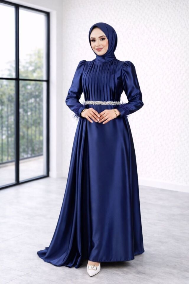 Saten Elbise Zarif Piliseli Taş Kemerli Abiye elbise YZ2616 Lacivert - 40