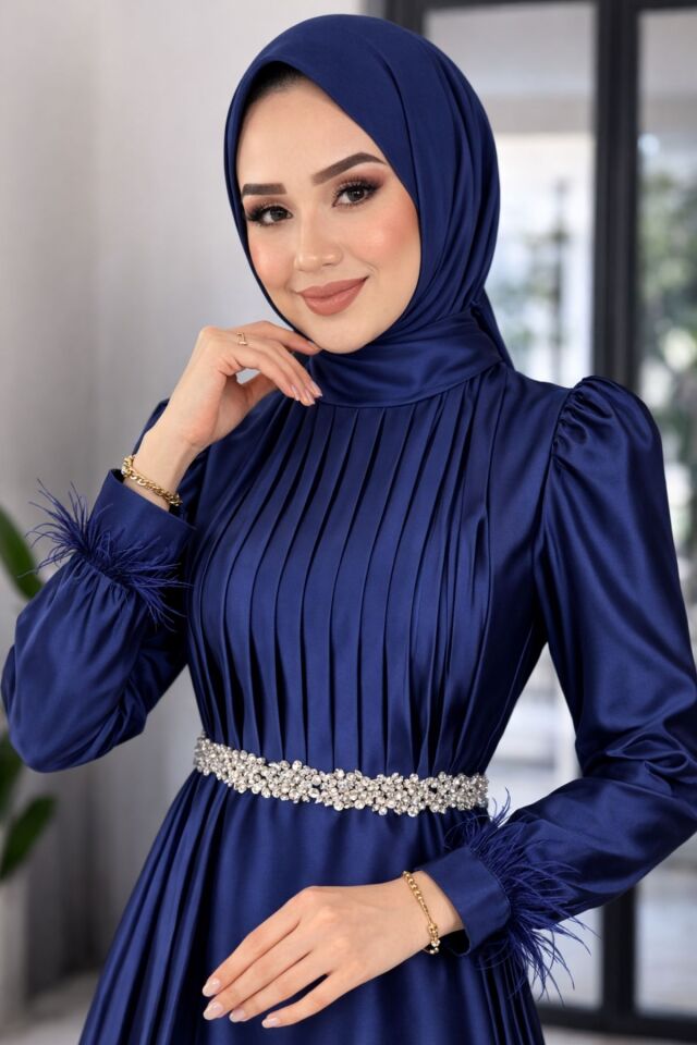 Saten Elbise Zarif Piliseli Taş Kemerli Abiye elbise YZ2616 Lacivert - 40