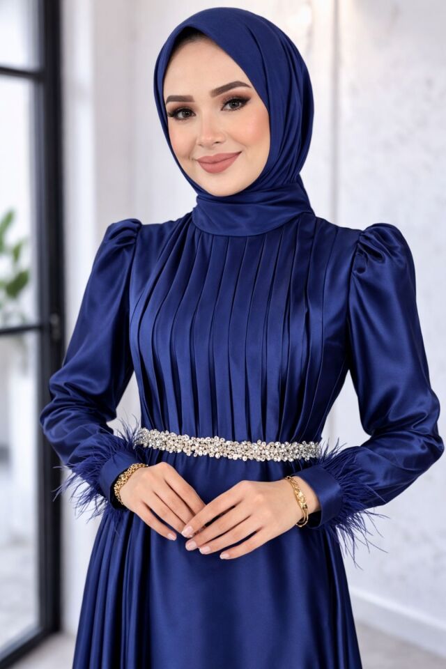 Saten Elbise Zarif Piliseli Taş Kemerli Abiye elbise YZ2616 Lacivert - 40