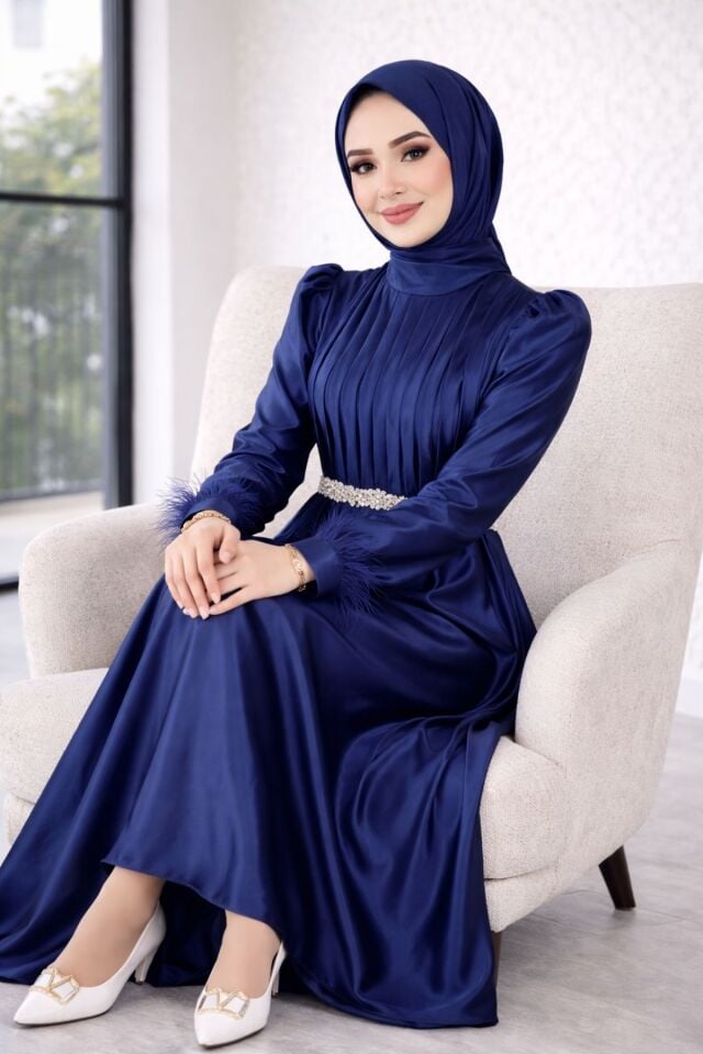 Saten Elbise Zarif Piliseli Taş Kemerli Abiye elbise YZ2616 Lacivert - 40