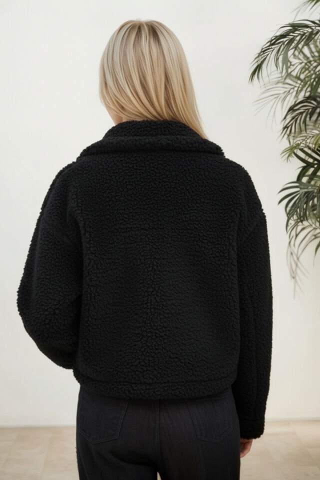 Peluş Düğmeli Geniş Yakalı Mont Taş KS2543 L - siyah