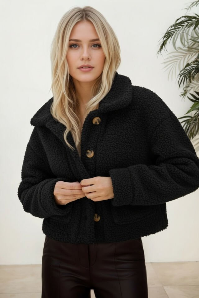 Peluş Düğmeli Geniş Yakalı Mont Taş KS2543 L - siyah