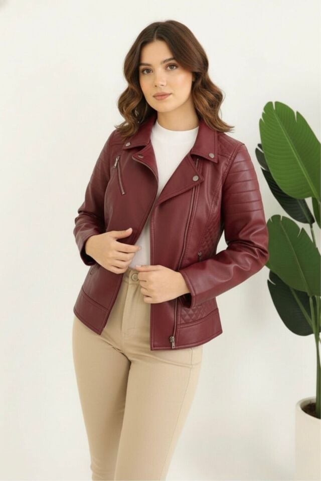 Polar Astarlı Yeni Sezon Kadın Deri Mont KS2565 40 - Bordo