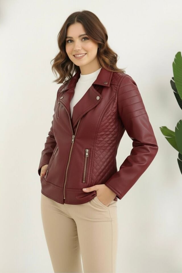 Polar Astarlı Yeni Sezon Kadın Deri Mont KS2565 40 - Bordo