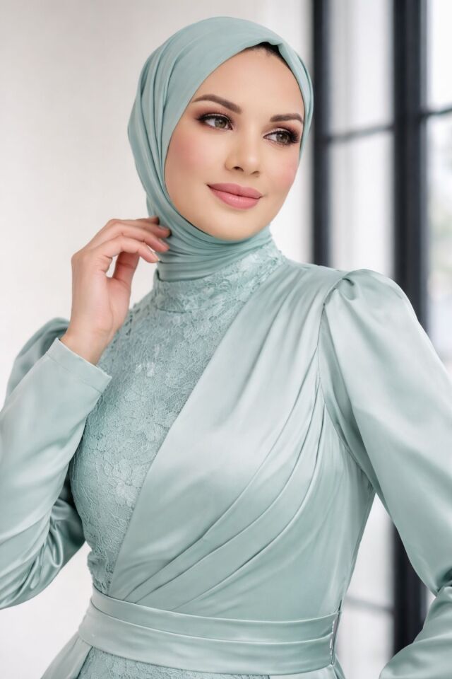 Saten Elbise  Dantel İşlemeli Kuşaklı Abiye YZ2617 Çağla Yeşili - 46