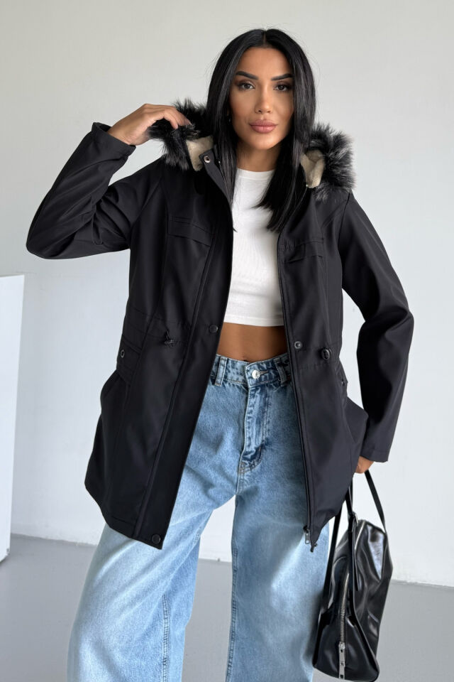 Bondit Bel Lastik Büzgülü İçi Kürklü Mont Siyah KS2512 XL - siyah