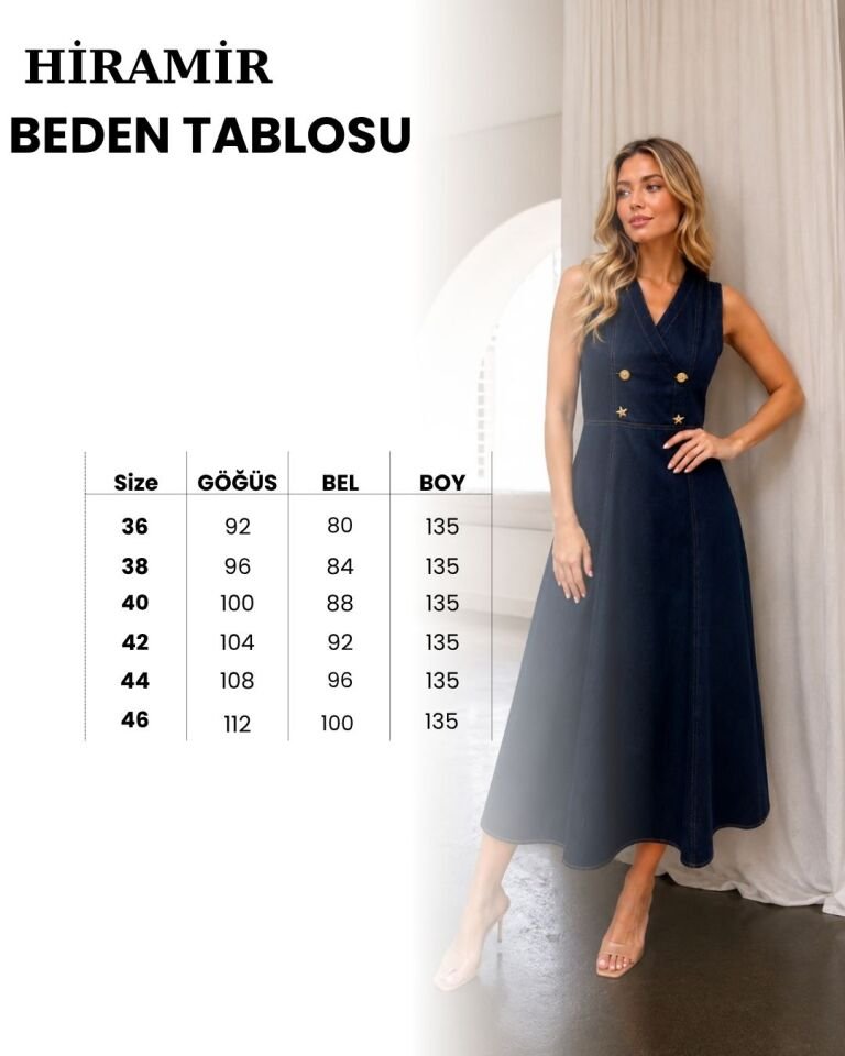 Kadın V Yaka Gold Düğme Aksesuarlı Kot Elbise YZ2727 Lacivert - 44