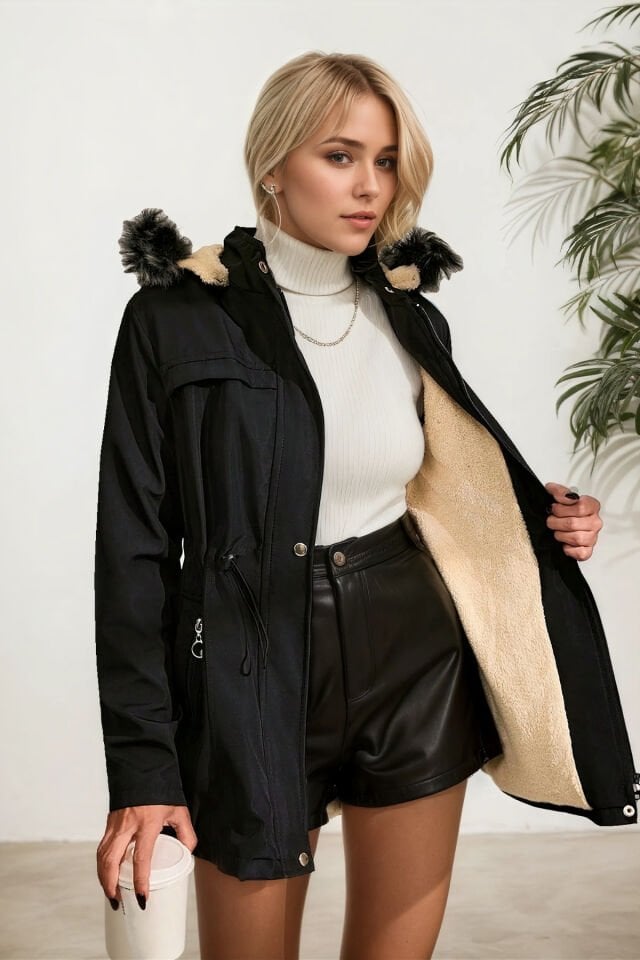 Kürk Astarlı Çıkma Kapüşonlu Fermuarlı Bondit Mont Siyah KS2530 40 - siyah