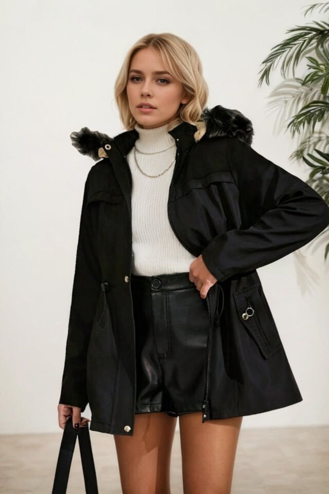 Kürk Astarlı Çıkma Kapüşonlu Fermuarlı Bondit Mont Siyah KS2530 40 - siyah