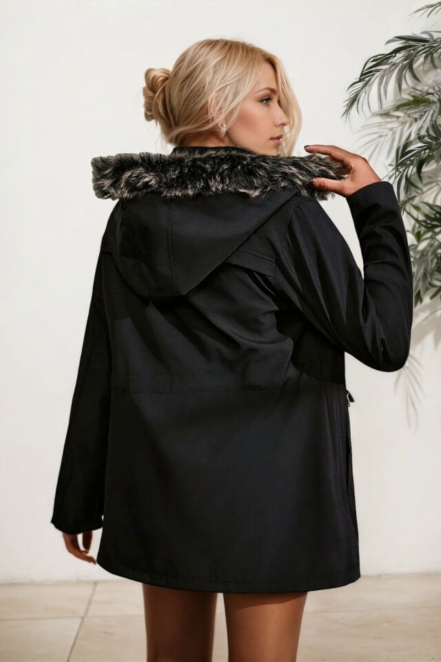 Kürk Astarlı Çıkma Kapüşonlu Fermuarlı Bondit Mont Siyah KS2530 40 - siyah