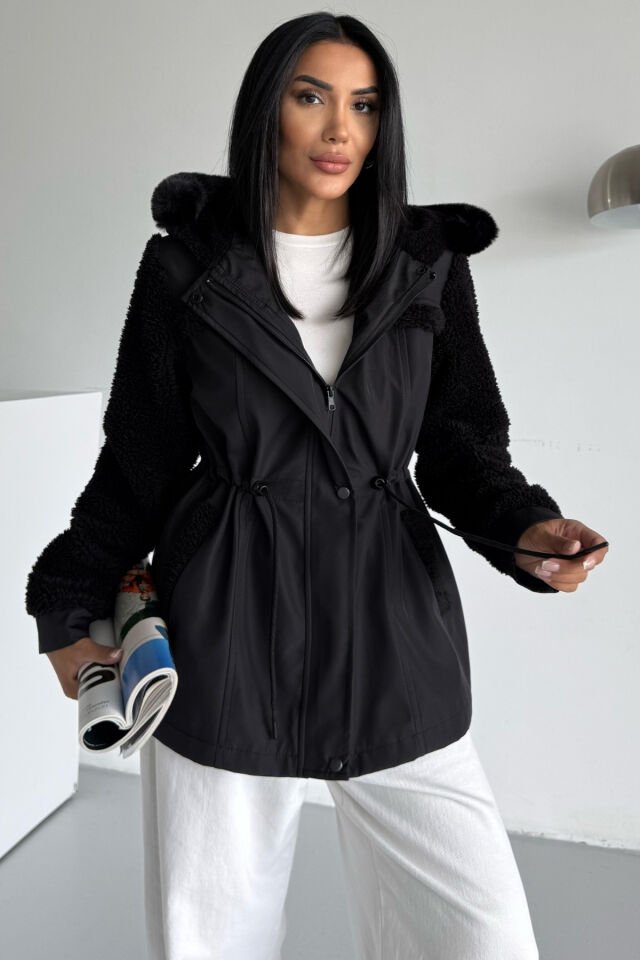 Bondit Kolu Peluş Kapüşonlu Mont Siyah KS2507 XL - siyah