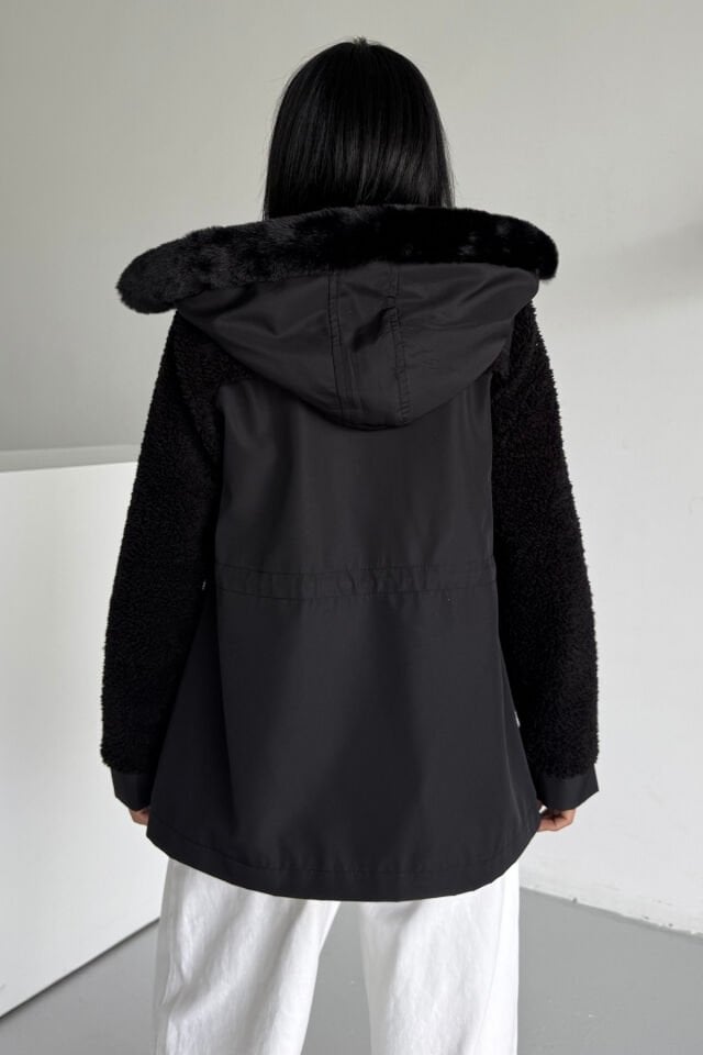 Bondit Kolu Peluş Kapüşonlu Mont Siyah KS2507 XL - siyah