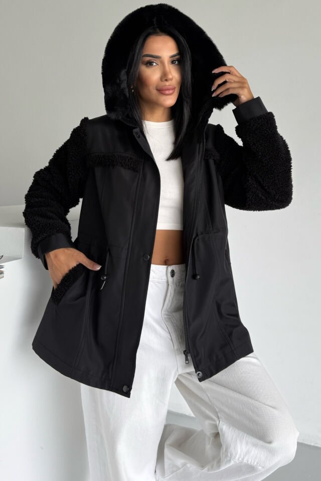 Bondit Kolu Peluş Kapüşonlu Mont Siyah KS2507 XL - siyah