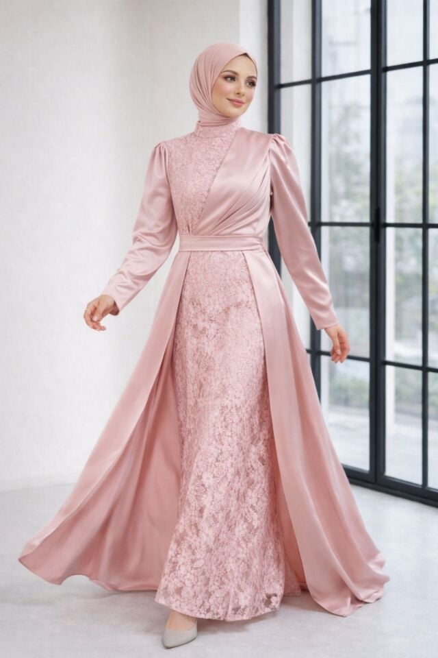 Saten Elbise  Dantel İşlemeli Kuşaklı Abiye YZ2617 Pudra - 44