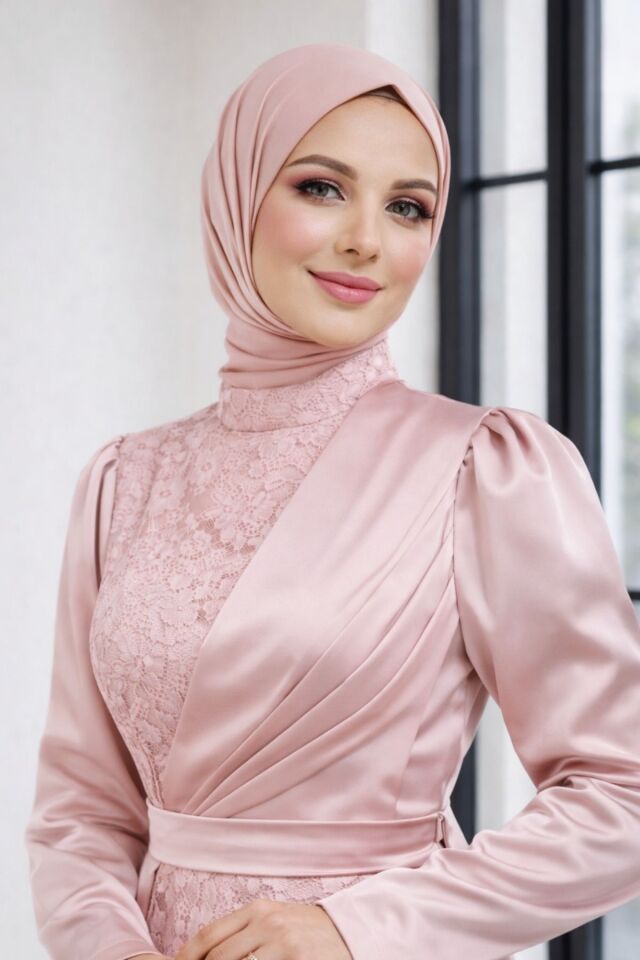 Saten Elbise  Dantel İşlemeli Kuşaklı Abiye YZ2617 Pudra - 44