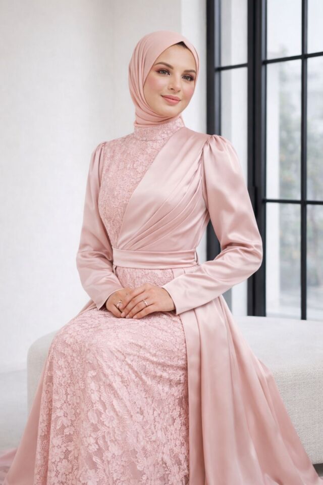 Saten Elbise  Dantel İşlemeli Kuşaklı Abiye YZ2617 Pudra - 44