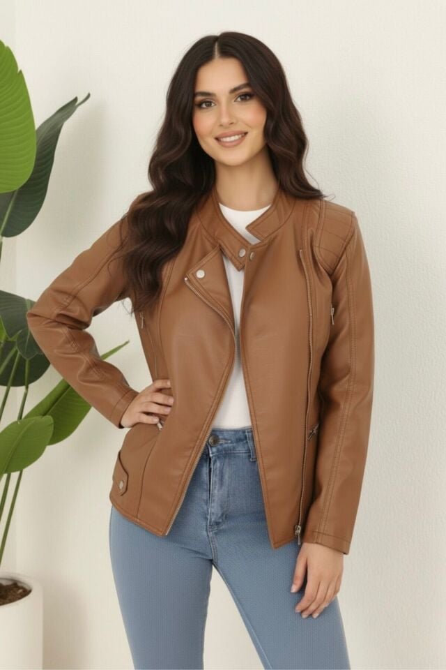 Kadın Suni Deri Polar Astarlı Yeni Sezon Mont Siyah KS2557 36 - Taba