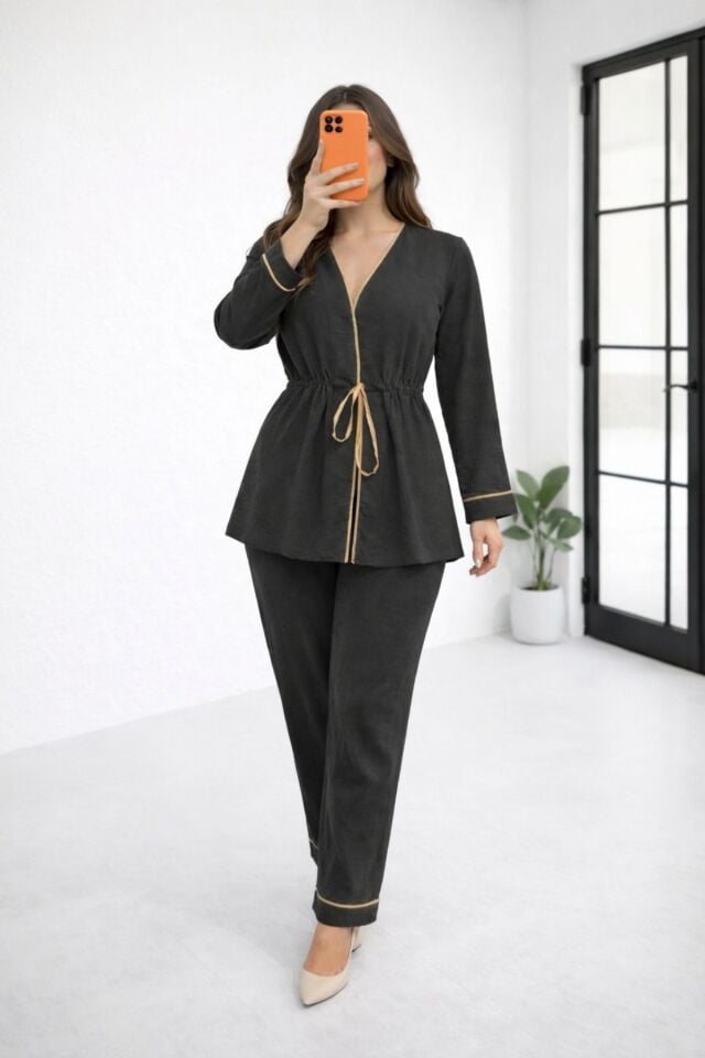 Kadın Takım Belden Bağlamalı Bluz Pantolon Takım YZ2520 Füme - XL