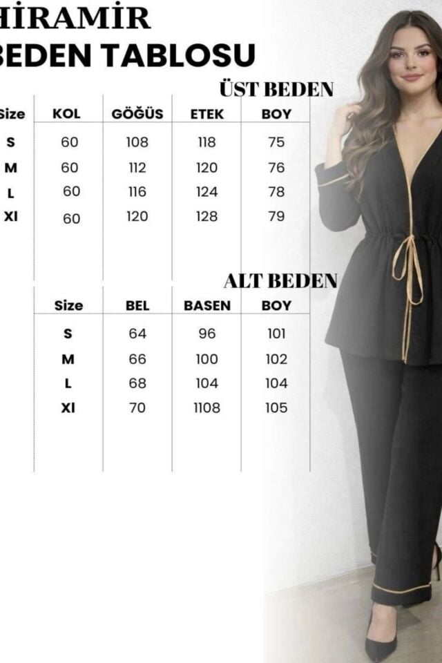 Kadın Takım Belden Bağlamalı Bluz Pantolon Takım YZ2520 Füme - XL