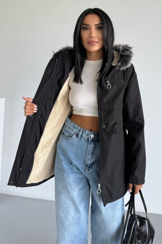 İçi Kürklü Kapüşonlu Bondit Mont Siyah KS2515 XL - siyah