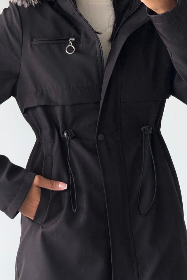 İçi Kürklü Kapüşonlu Bondit Mont Siyah KS2515 XL - siyah