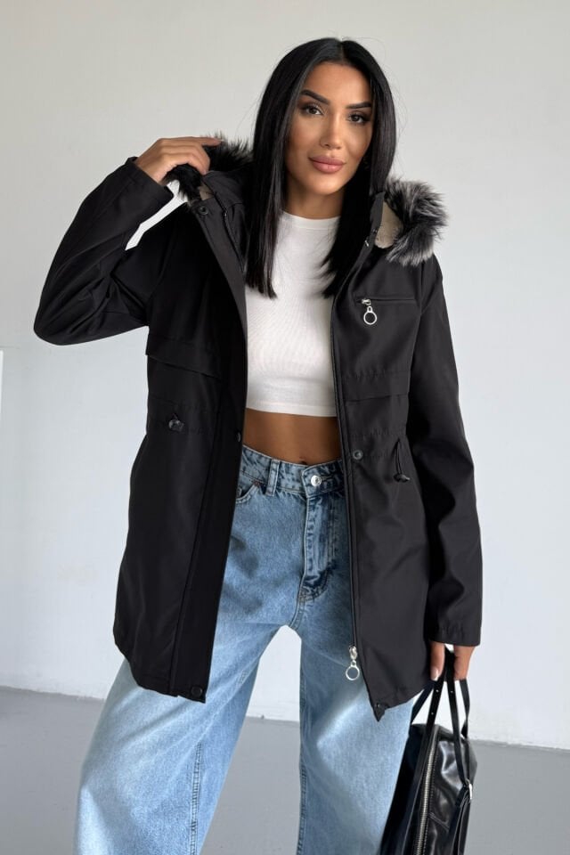 İçi Kürklü Kapüşonlu Bondit Mont Siyah KS2515 XL - siyah