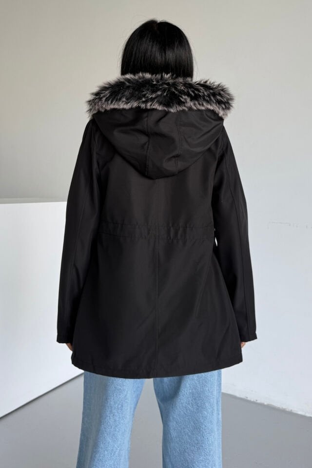 İçi Kürklü Kapüşonlu Bondit Mont Siyah KS2515 XL - siyah
