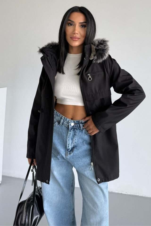 İçi Kürklü Kapüşonlu Bondit Mont Siyah KS2515 XL - siyah