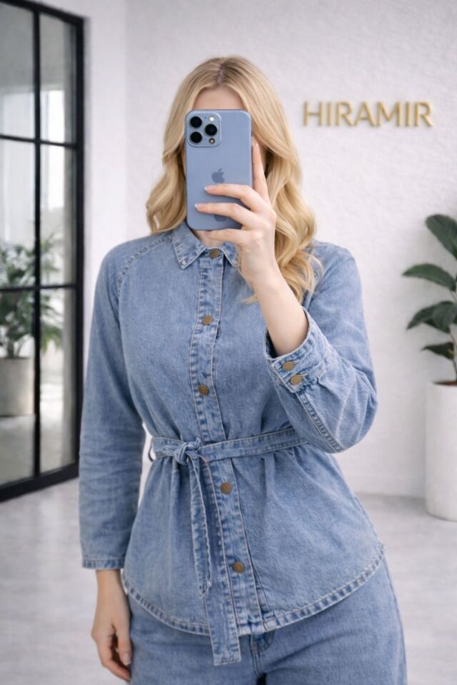 Kadın Modern Kesim Kuşaklı Denim Takım YZ2601 Mavi - 48